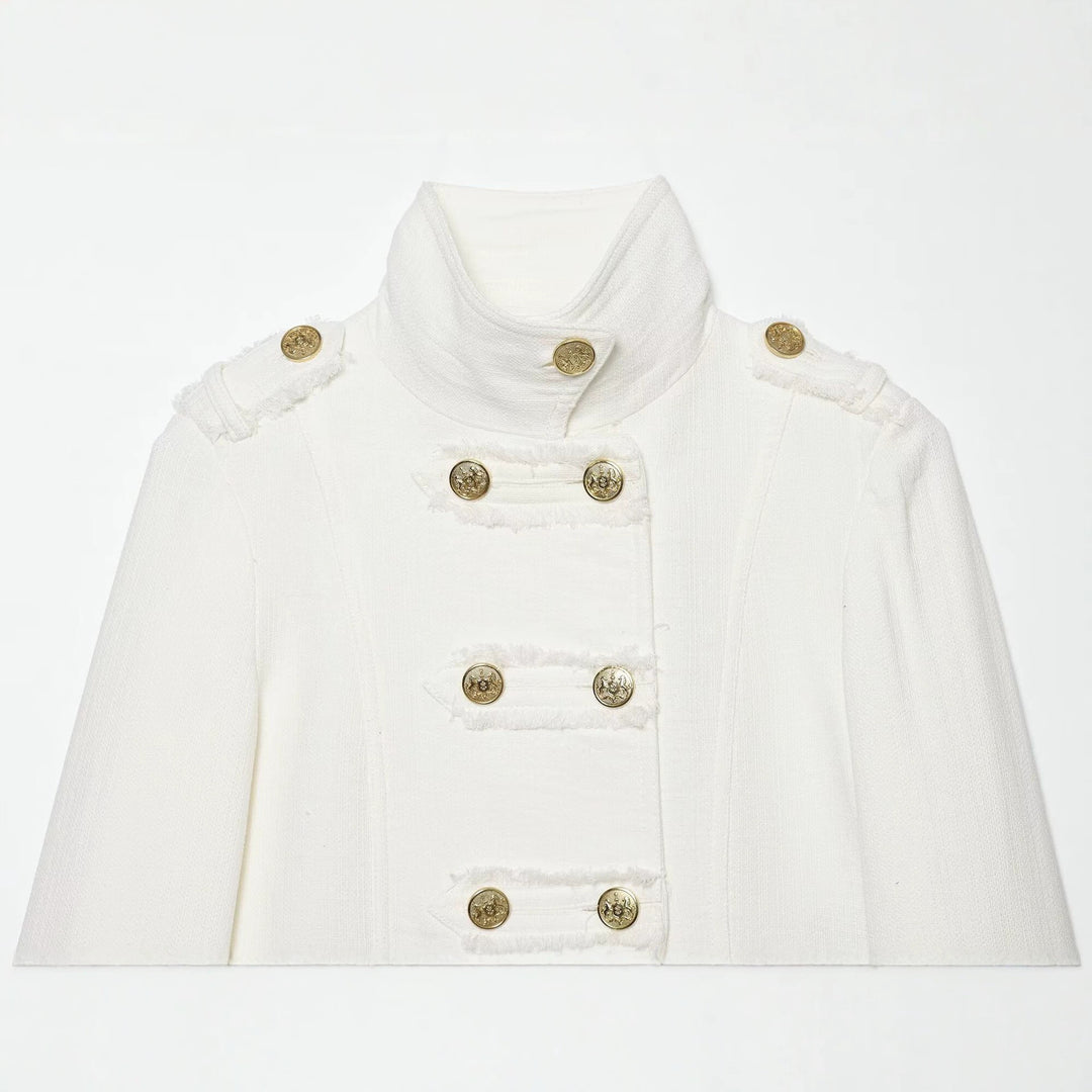Damen Kurzgeschnittene Militärjacke mit Stehkragen, Zierknopfreihe und Epauletten Nord Taschen