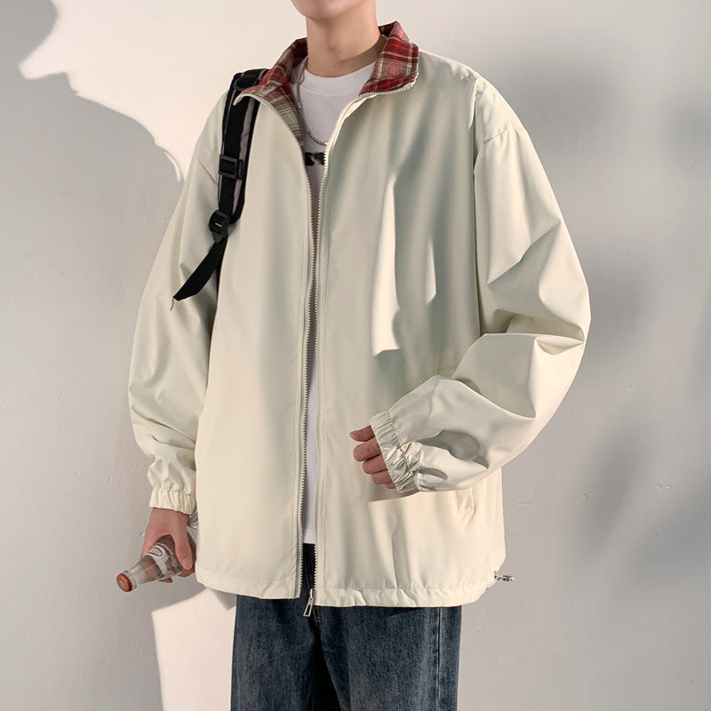 Herren Oversize‑Utility Übergangsjacke mit Reißverschluss und kontrastierendem Karo‑Innenkragen Nord Taschen
