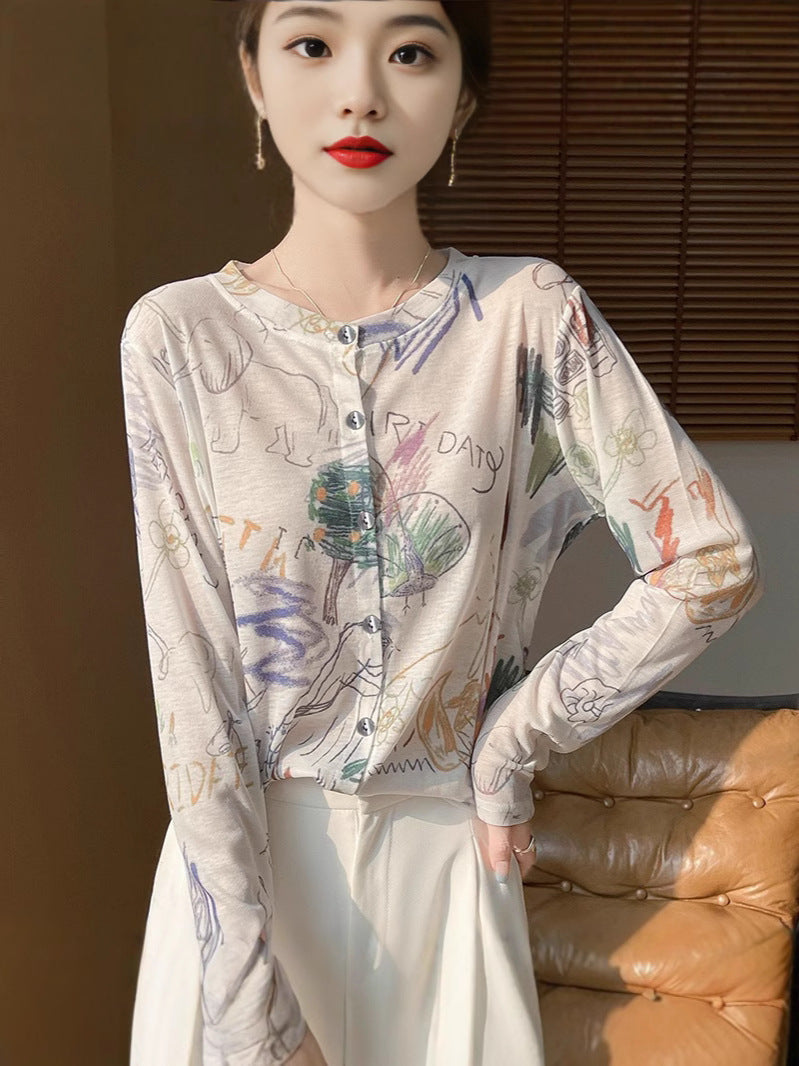 Damen Leichter Aquarell‑Print Feinstrick‑Cardigan mit Rundhalsausschnitt und Knopfleiste Nord Taschen