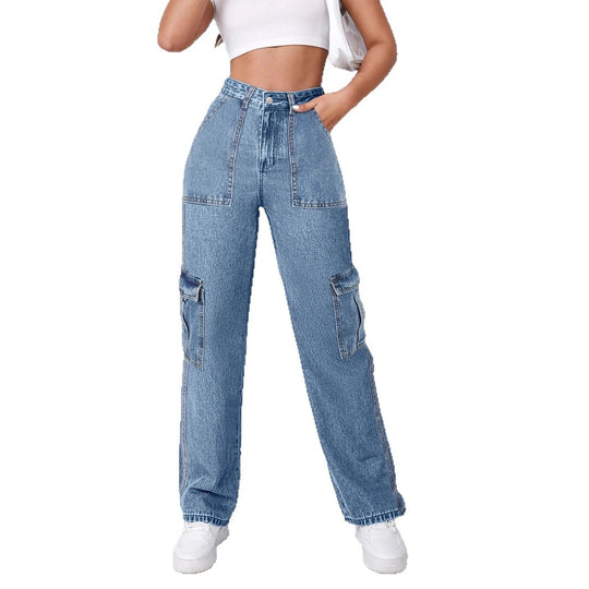 Damen Hochtaillierte Cargo-Weite-Jeans mit aufgesetzten Taschen und elastischem Saum Nord Taschen
