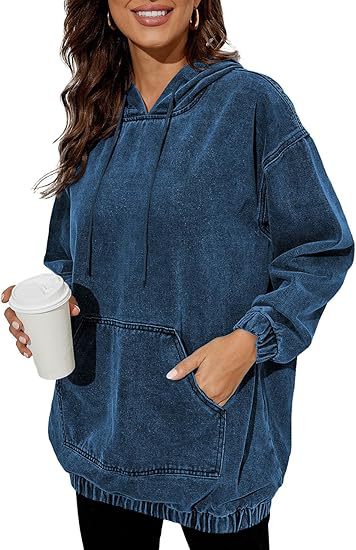 Damen Oversize Kapuzenpullover aus verwaschenem Jeansstoff mit Kängurutasche Nord Taschen