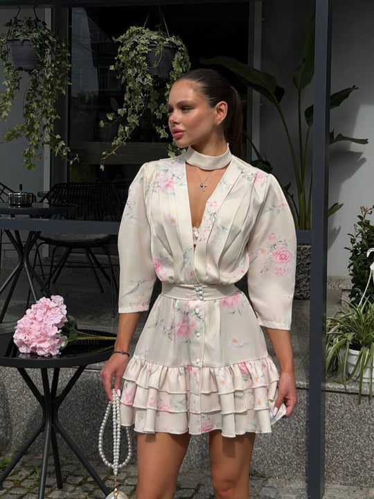 Damen Blumiges Chiffon-Minikleid mit V-Ausschnitt, Taillengürtel & Volantstufen Nord Taschen