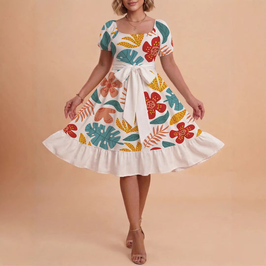 Damen Sommerliches Blumenkleid mit taillierbarem Gürtel und voluminösen Ärmeln
