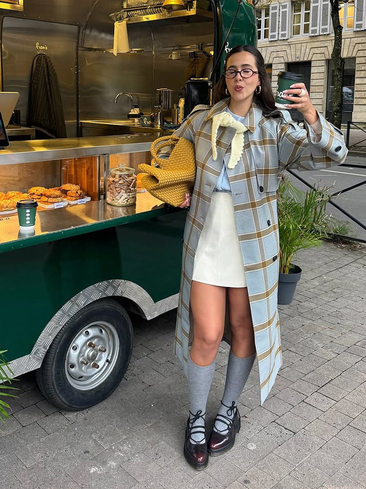 Damen langer kariierter Mantel im Trenchcoat-Stil mit doppelter Knopfleiste Nord Taschen