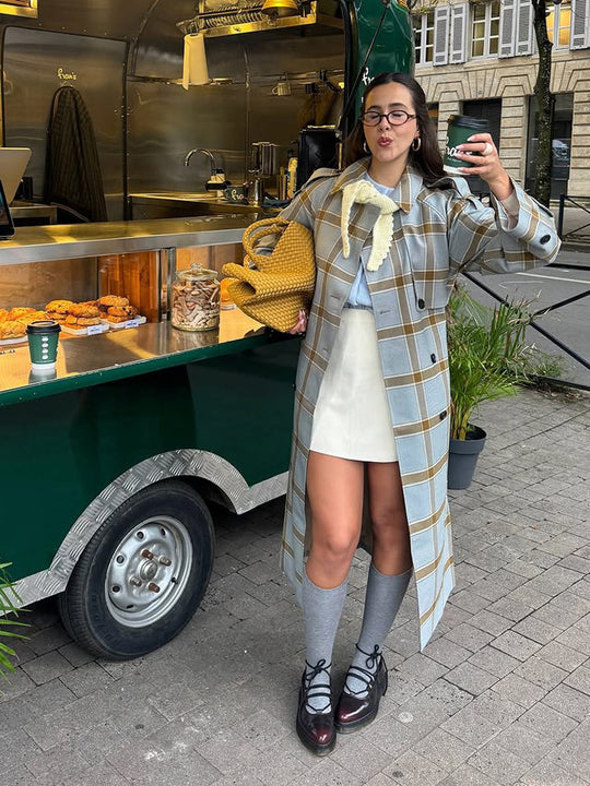 Damen langer kariierter Mantel im Trenchcoat-Stil mit doppelter Knopfleiste Nord Taschen