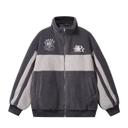 Unisex Sherpa‑Fleecejacke im Boxy‑Cut mit Stehkragen, Blockstreifen und Stickdetails Nord Taschen