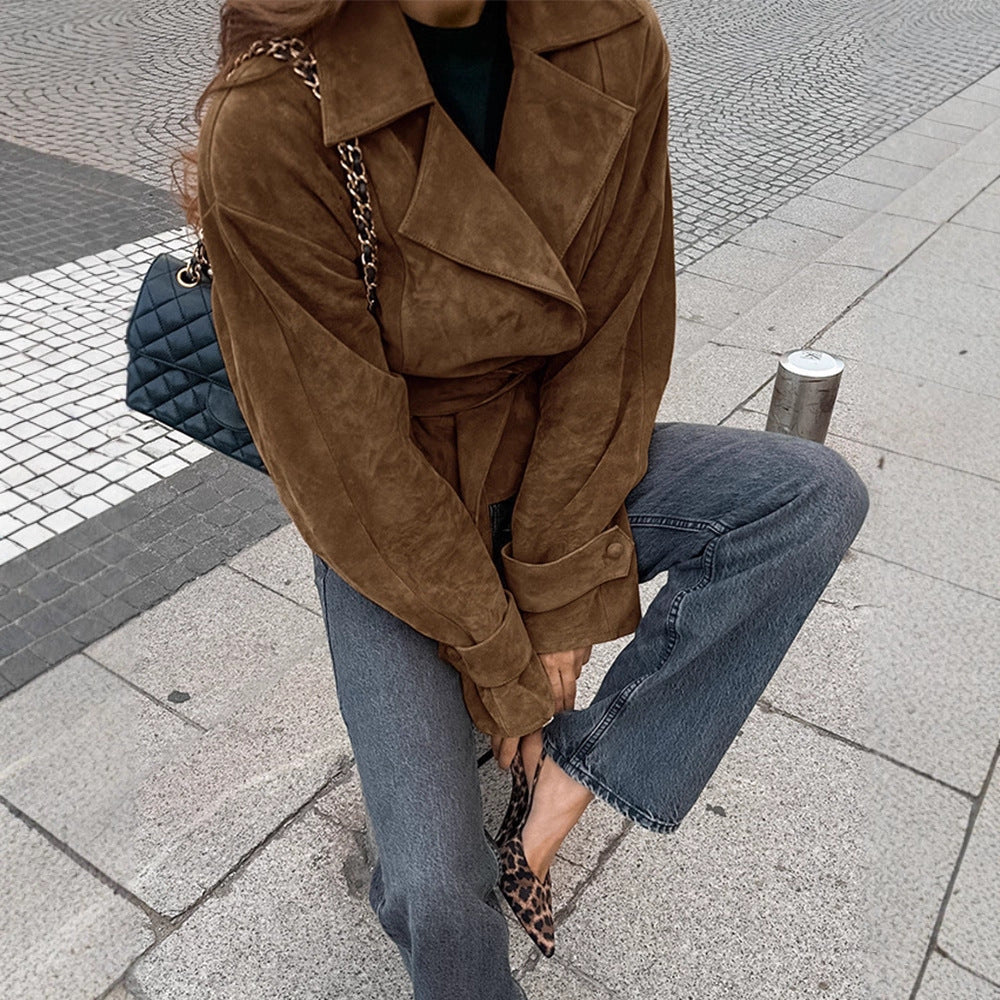 Damen Kurzblouson aus Wildleder‑Look mit Bindegürtel und kastiger Silhouette Nord Taschen