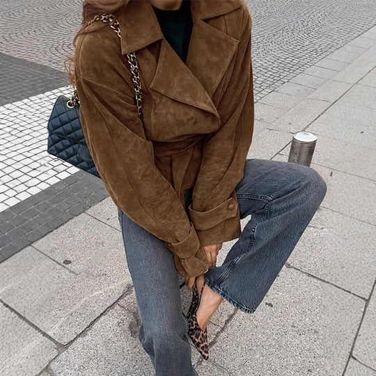 Damen Kurzblouson aus Wildleder‑Look mit Bindegürtel und kastiger Silhouette Nord Taschen