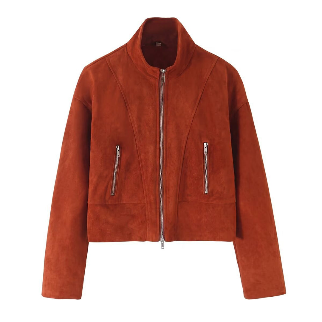 Damen Kurzjacke im Boxy-Cropped-Schnitt aus Velourslederoptik mit Stehkragen und Metallreißverschlüssen Nord Taschen