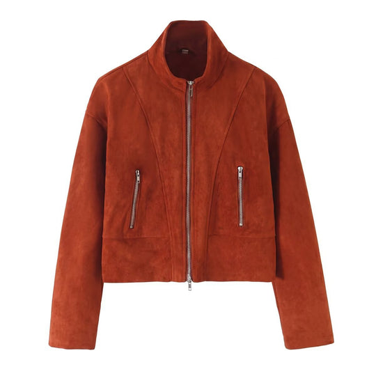 Damen Kurzjacke im Boxy-Cropped-Schnitt aus Velourslederoptik mit Stehkragen und Metallreißverschlüssen Nord Taschen