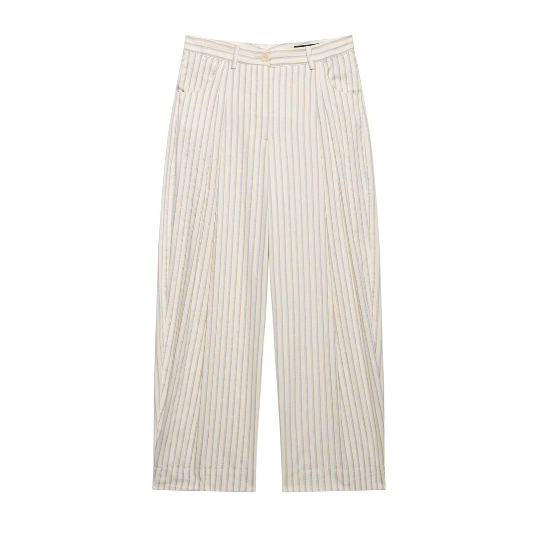 Damen Weite High‑Waist‑Hose aus leichter Baumwollmischung mit feinem Nadelstreifen und Bundfalten Nord Taschen
