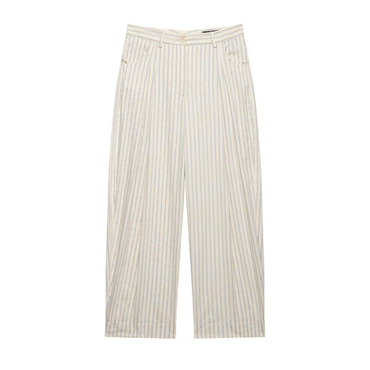 Damen Weite High‑Waist‑Hose aus leichter Baumwollmischung mit feinem Nadelstreifen und Bundfalten Nord Taschen