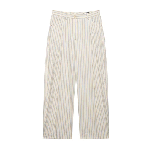 Damen Weite High‑Waist‑Hose aus leichter Baumwollmischung mit feinem Nadelstreifen und Bundfalten Nord Taschen