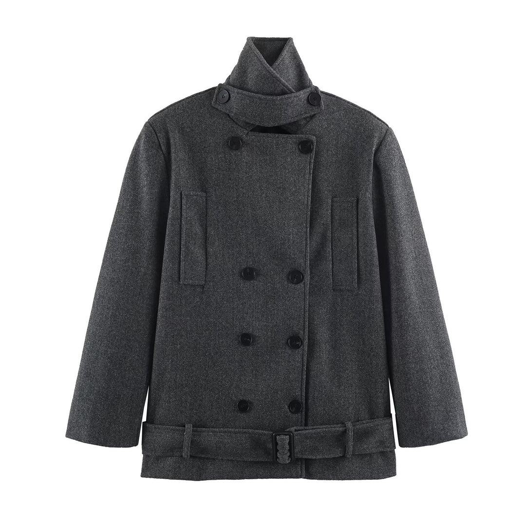 Damen Kurzer Doppelreihiger Wollmix-Mantel mit hohem Stehkragen und Taillengürtel Nord Taschen