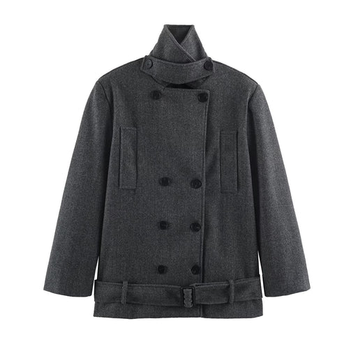 Damen Kurzer Doppelreihiger Wollmix-Mantel mit hohem Stehkragen und Taillengürtel Nord Taschen
