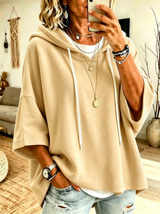 Damen Kurzarm-Oversize-Hoodie mit Kapuze und Kontrastkordel Nord Taschen