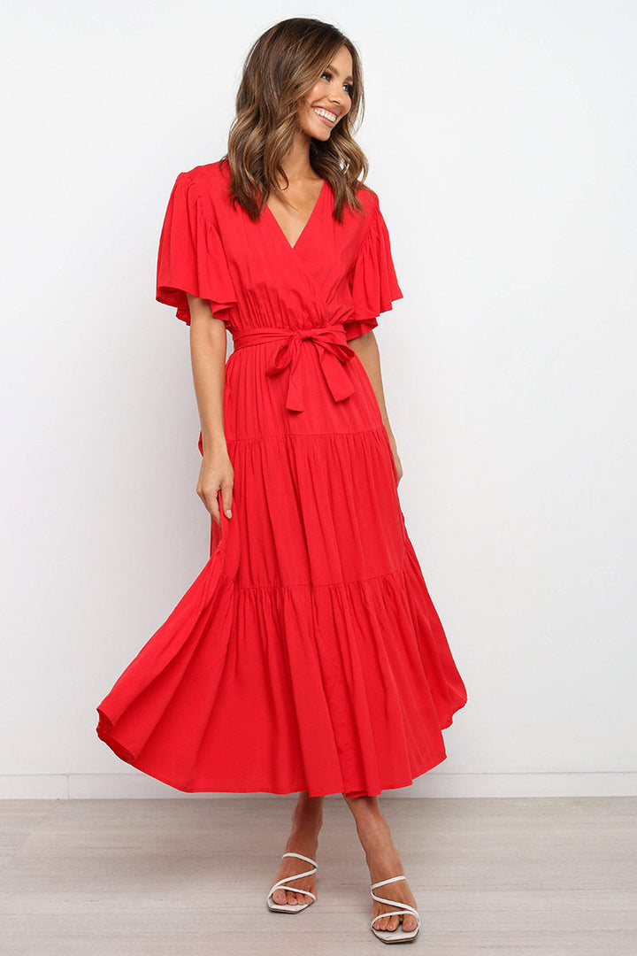 Damen Maxikleid mit tiefem V-Ausschnitt und schwingenden Ärmeln