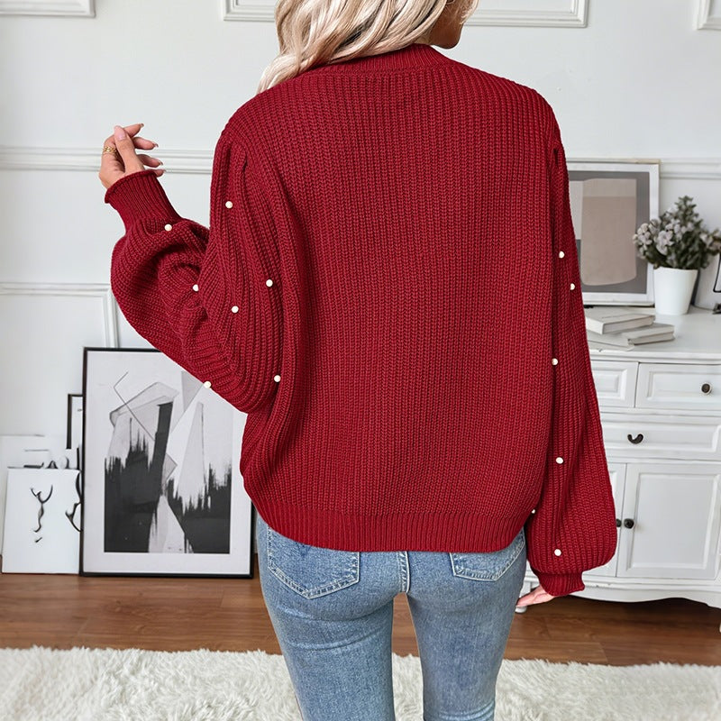 Damen Perlenbesetzter Grobstrick-Cardigan mit V‑Ausschnitt Nord Taschen
