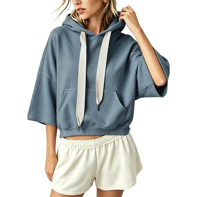 Damen Cropped Kapuzenpullover mit 3/4-Ärmeln und Kängurutasche Nord Taschen