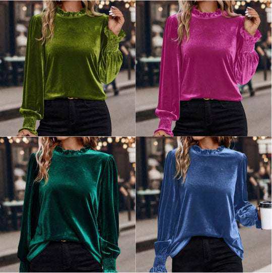 Damen Samtbluse mit Rüschenkragen und Smokbündchen Nord Taschen