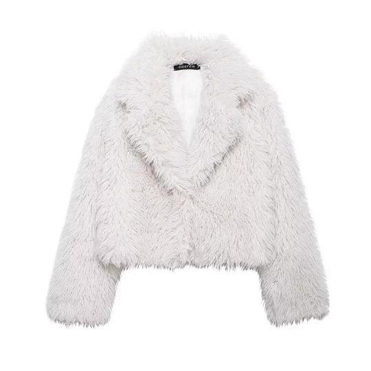 Damen Kurzjacke im Cropped‑Schnitt aus fluffigem Hochflor‑Faux‑Fur mit tiefem Schalkragen Nord Taschen
