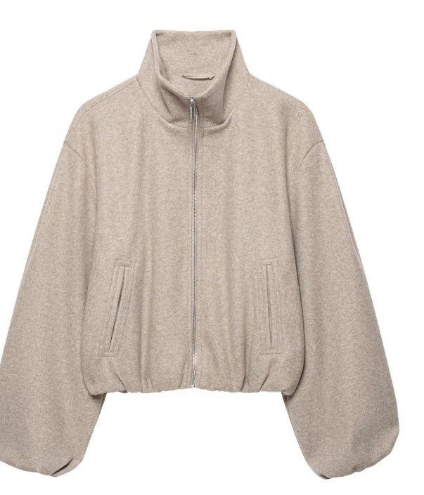 Damen Cropped‑Fleece‑Bomberjacke mit Stehkragen, balligen Ärmeln und elastischem Saum Nord Taschen