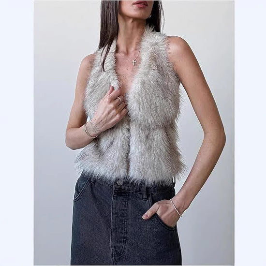 Damen Ärmelloses Cropped-Kunstpelz-Set mit Minirock und flauschigen Stulpen Nord Taschen
