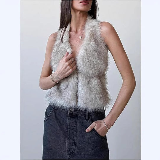 Damen Ärmelloses Cropped-Kunstpelz-Set mit Minirock und flauschigen Stulpen Nord Taschen