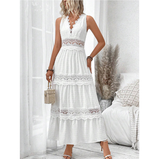 Damen Langes, elegantes Maxikleid mit Spitzenakzenten und Volants