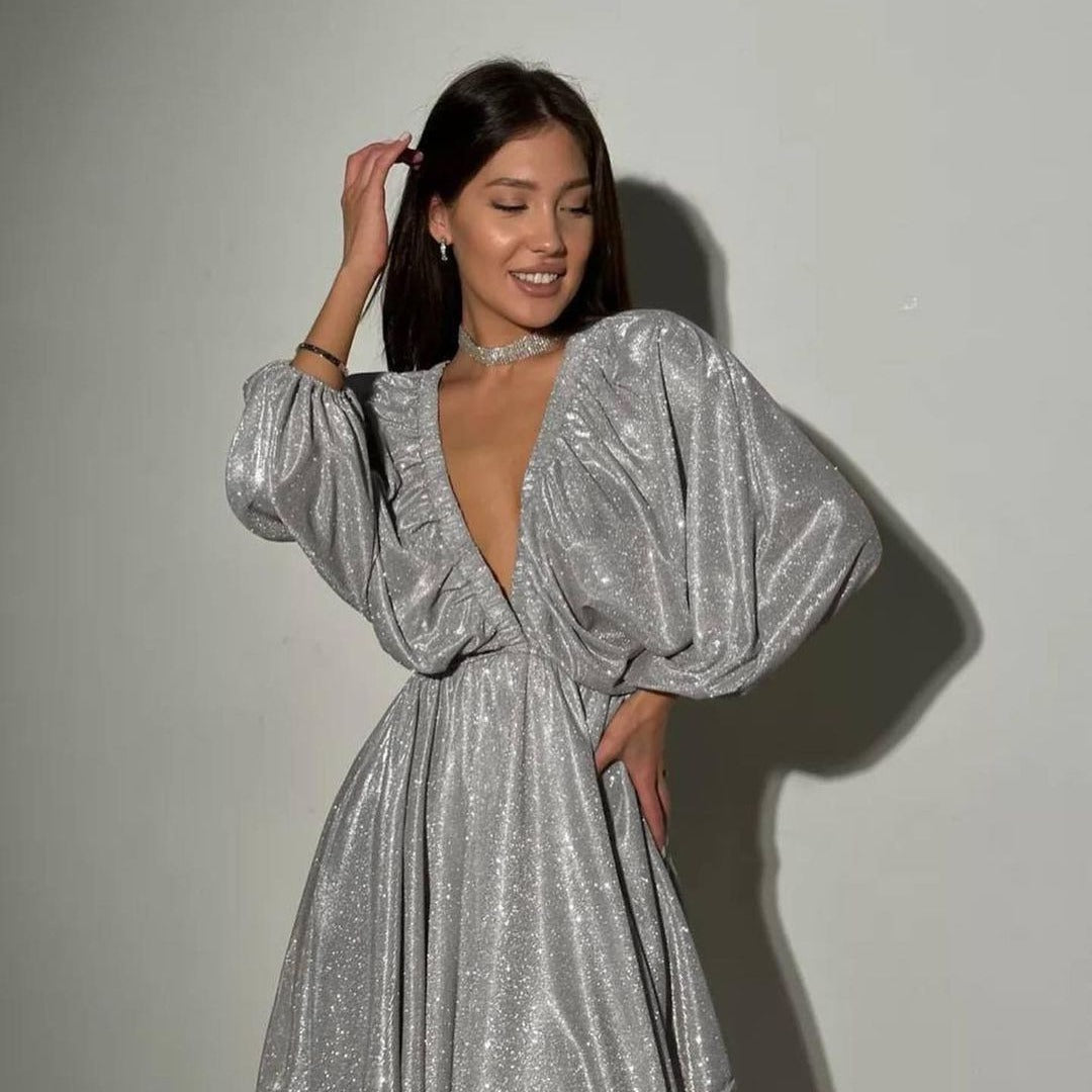 Damen Glitzerndes Abendkleid mit tiefem V Ausschnitt, Ballonärmeln und taillenbetonter Glockenrock Nord Taschen