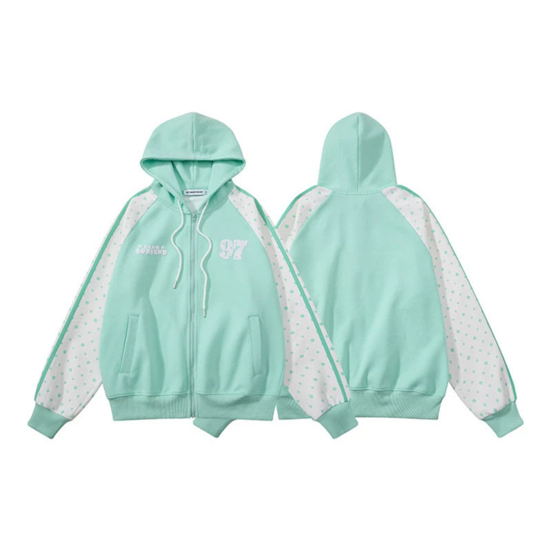 Damen Kapuzen‑Sweatjacke mit durchgehendem Reißverschluss, Raglanärmeln und Polka‑Dot‑Einsätzen Nord Taschen