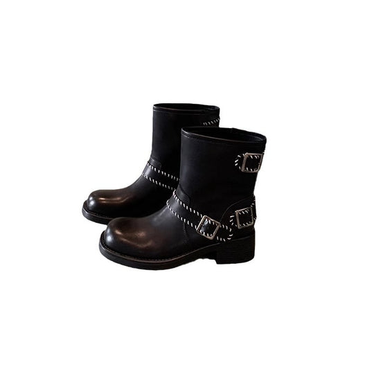 Damen Biker‑Stiefelette aus Glattleder mit dekorativer Ziernaht, Doppelriemen und robuster Profilsohle Nord Taschen