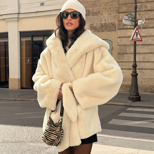 Damen Boxy-Teddyjacke mit Wickelgürtel und übergroßem Schalkragen Nord Taschen