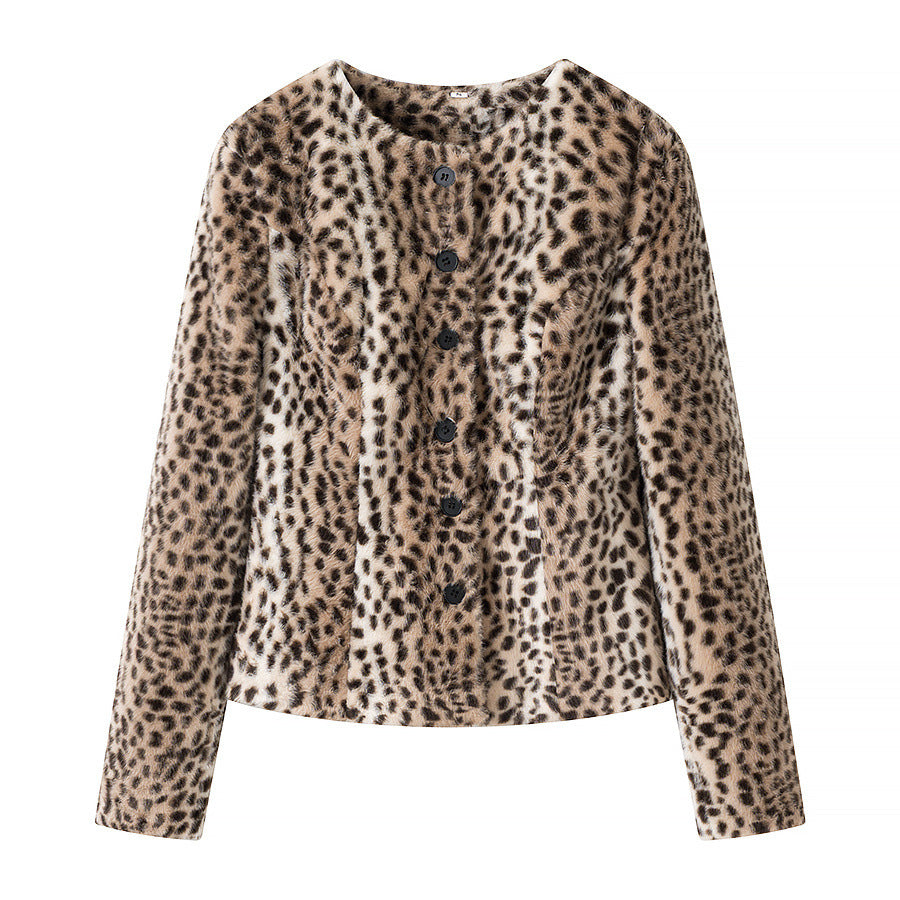Damen Kurzjacke aus Kunstpelz mit Leopardenmuster und Rundhalsausschnitt Nord Taschen