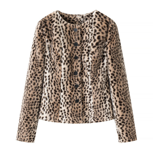 Damen Kurzjacke aus Kunstpelz mit Leopardenmuster und Rundhalsausschnitt Nord Taschen