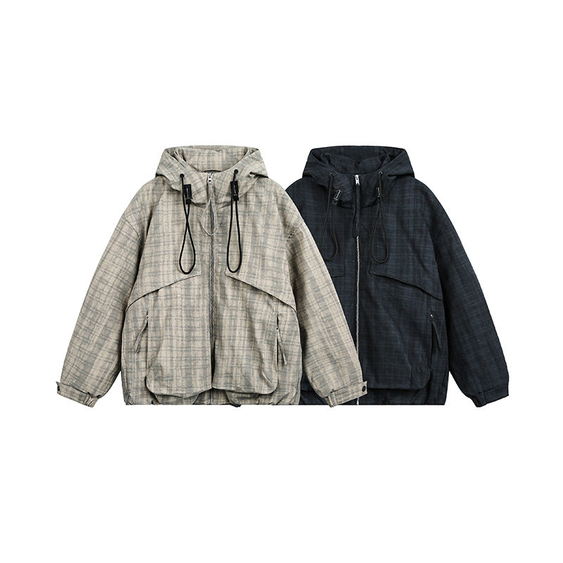 Unisex Oversize Utility Kapuzenjacke mit Karomuster und Kordelzug Nord Taschen