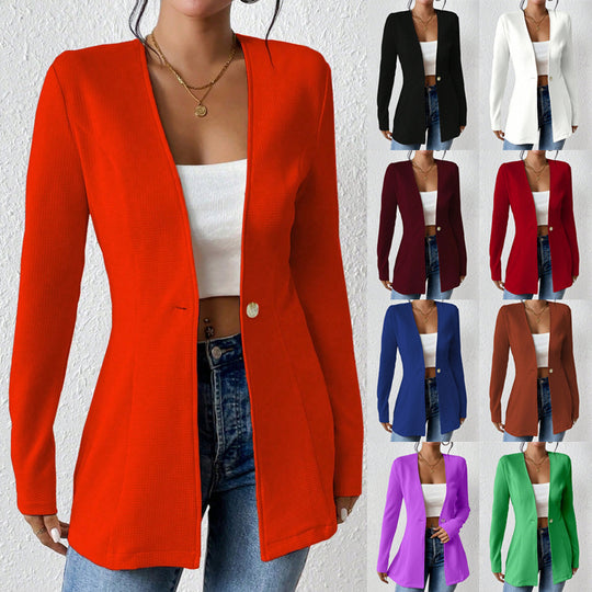 Damen Taillierter Longblazer mit V-Ausschnitt und Ein-Knopf-Verschluss Nord Taschen