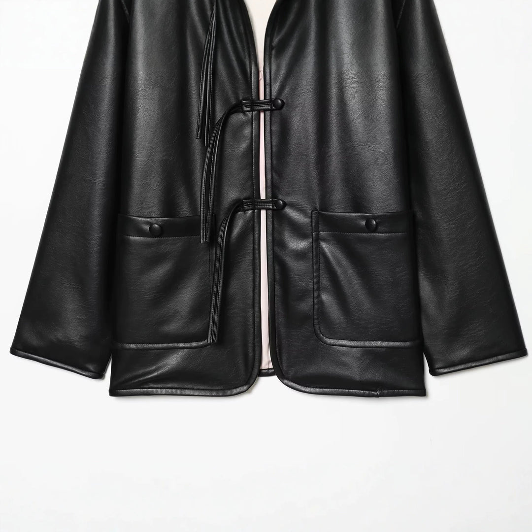 Damen Oversize Kunstlederjacke mit Kordel-Knotenverschluss und aufgesetzten Taschen Nord Taschen