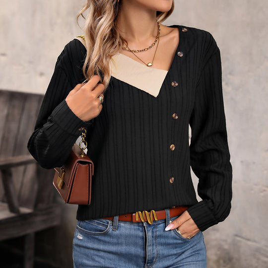 Damen Rippstrick-Top mit asymmetrischer Knopfleiste und kontrastierendem V‑Einsatz Nord Taschen