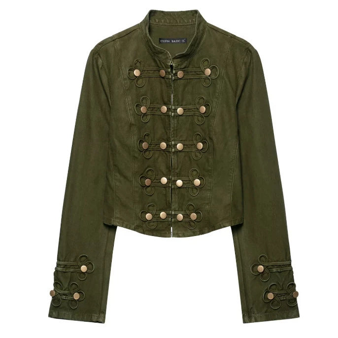 Damen Taillierte Cropped‑Militärjacke mit Zierknopfleiste und Stehkragen Nord Taschen