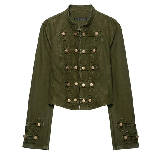 Damen Taillierte Cropped‑Militärjacke mit Zierknopfleiste und Stehkragen Nord Taschen