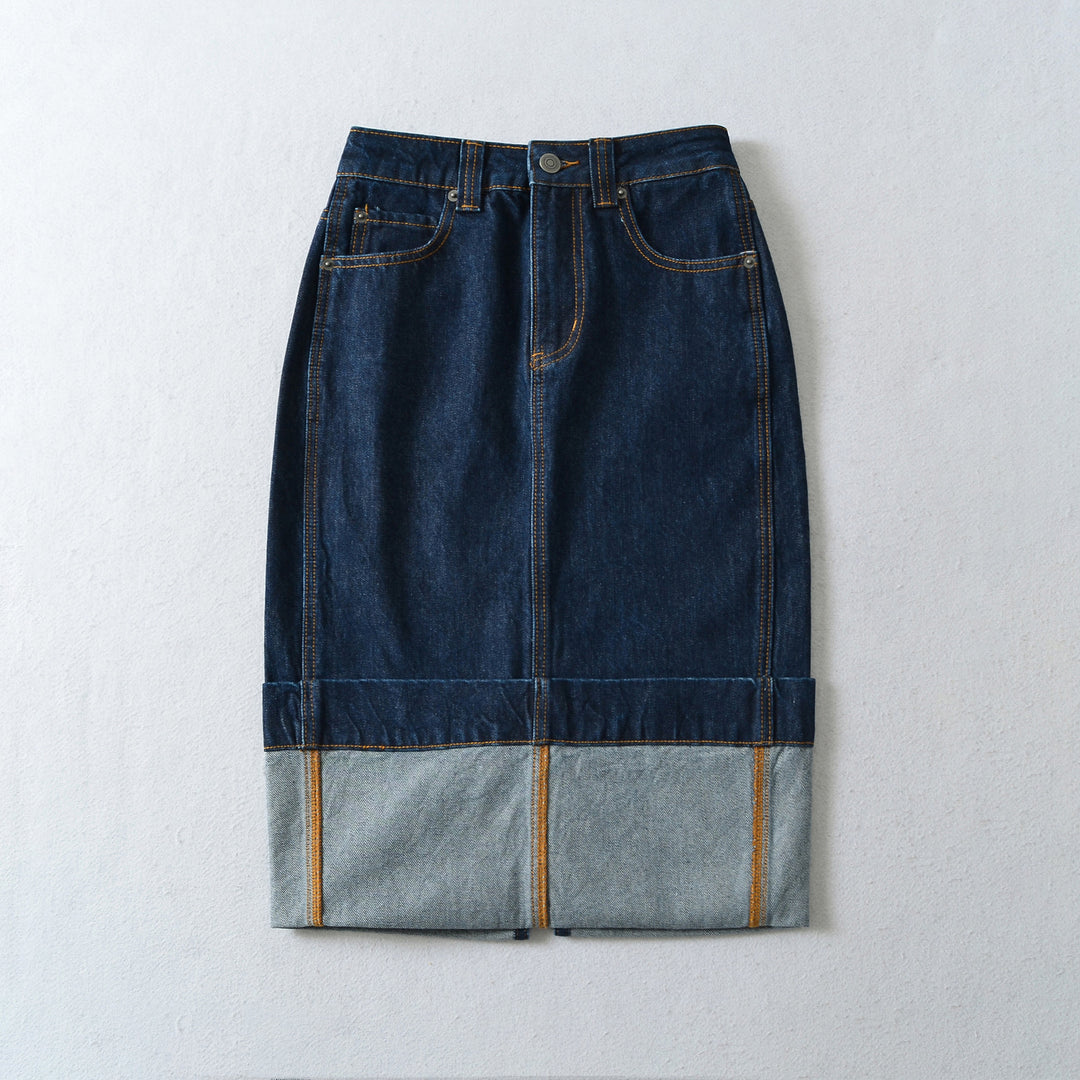 Damen Hochtaillierter Midirock aus Denim mit sichtbaren Nähten und umgeschlagener Saum Nord Taschen