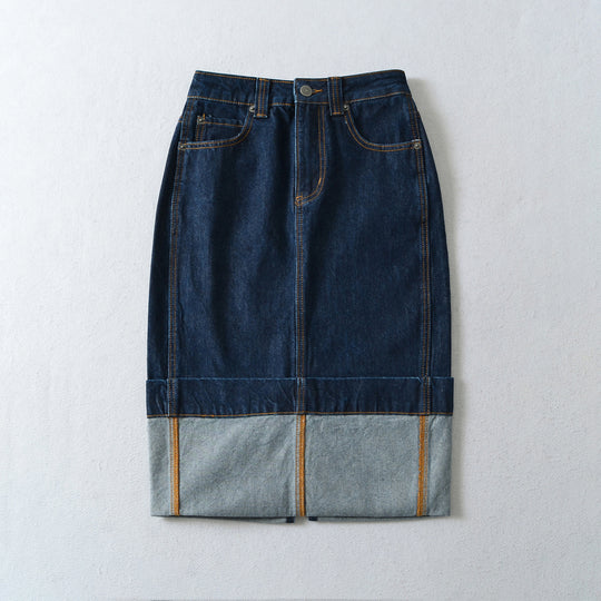 Damen Hochtaillierter Midirock aus Denim mit sichtbaren Nähten und umgeschlagener Saum Nord Taschen