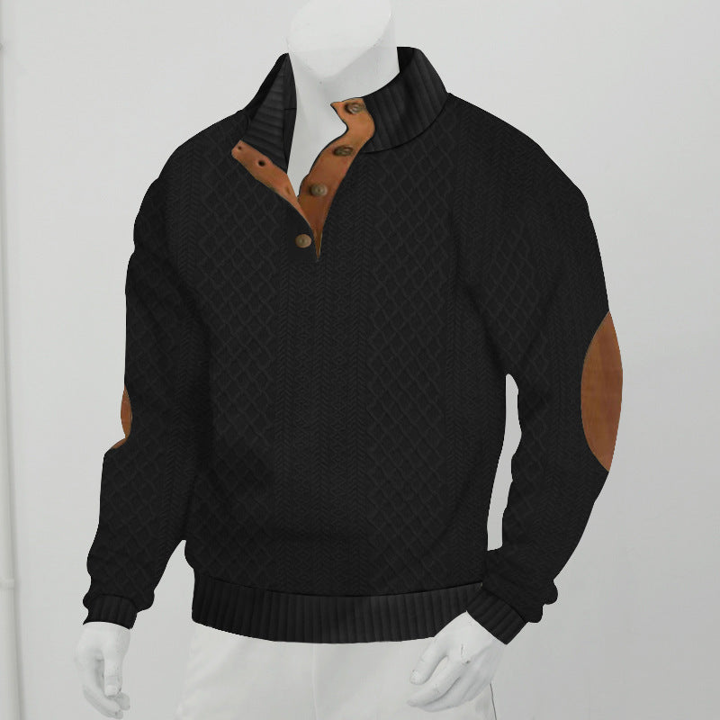 Herren Strukturierter Aran-Strickpullover mit halbem Knopfleistenkragen und Leder-Ellbogenpatches Nord Taschen