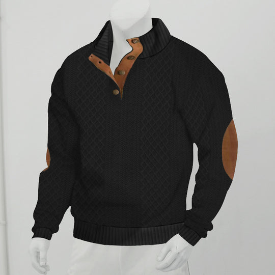 Herren Strukturierter Aran-Strickpullover mit halbem Knopfleistenkragen und Leder-Ellbogenpatches Nord Taschen