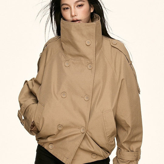 Damen Oversized Doppelreihige Trench-Bomberjacke mit hohem Stehkragen Nord Taschen