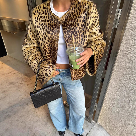 Damen Kurzblouson aus Kunstfell mit Leopardenmuster, Boxy‑Silhouette & weitem Ärmel Nord Taschen