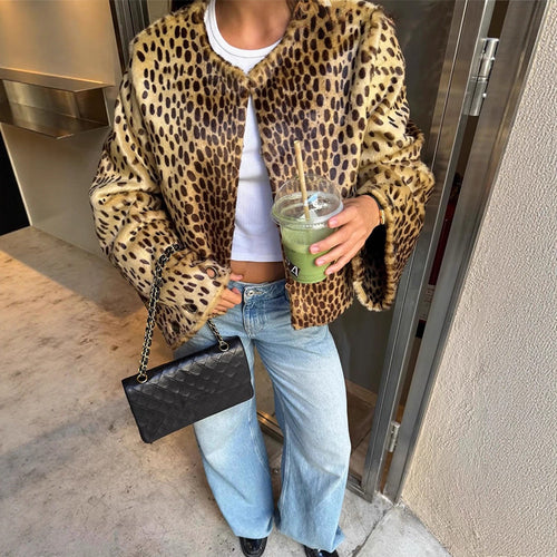 Damen Kurzblouson aus Kunstfell mit Leopardenmuster, Boxy‑Silhouette & weitem Ärmel Nord Taschen