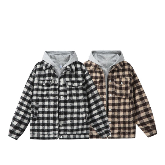 Damen Kurzblouson im Shacket‑Stil mit Karo‑Wolloptik und integrierter Sweatkapuze Nord Taschen