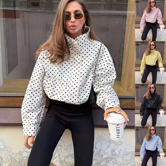 Damen Gepunktete Bluse mit Stehkragen und Ballonärmeln Nord Taschen